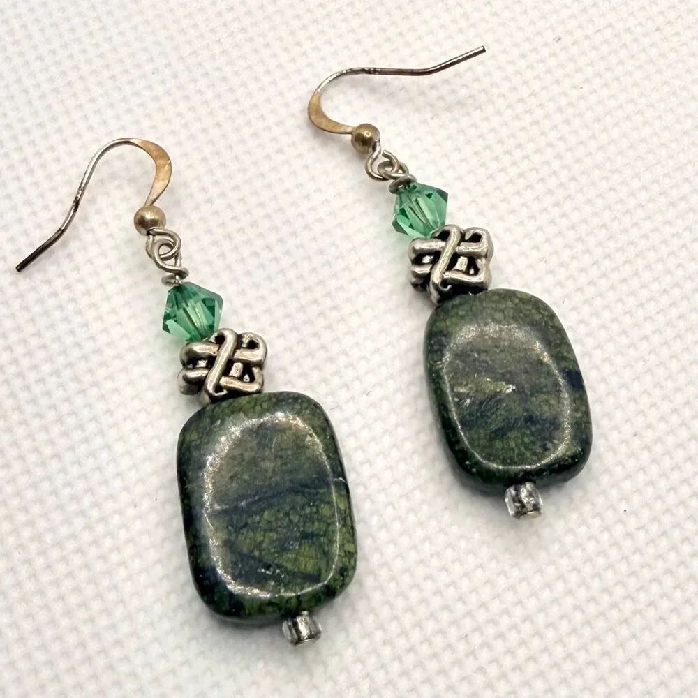 Natural Serpentine Stone & Green Crystal Artisan Dangle Earrings